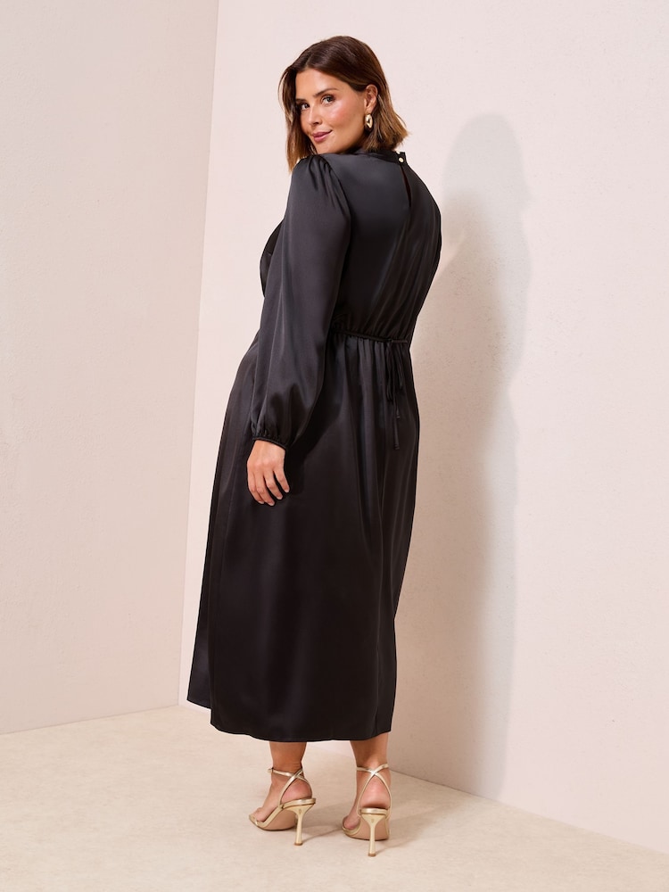 Friends Like These Black Curve Satin Long Puff Sleeve High Neck Midi Dress - Image 4 of 4