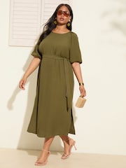 Verde cáqui - Friends Like These Vestido Midi com Puff sleeve Raglan e Tie Waist e Belt - Imagem 1 de 4