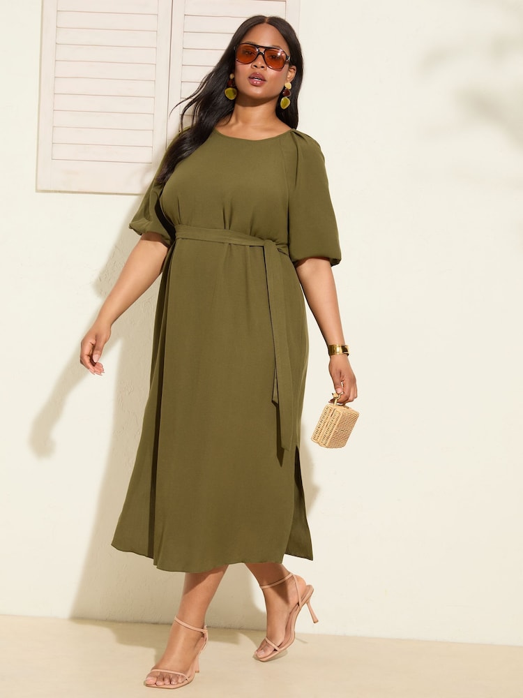 Verde cáqui - Friends Like These Vestido Midi com Puff sleeve Raglan e Tie Waist e Belt - Imagem 1 de 4