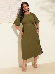 Verde cáqui - Friends Like These Vestido Midi com Puff sleeve Raglan e Tie Waist e Belt - Imagem 3 de 4