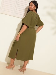Verde cáqui - Friends Like These Vestido Midi com Puff sleeve Raglan e Tie Waist e Belt - Imagem 4 de 4