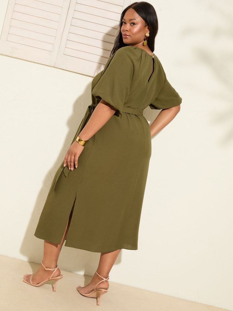 Verde cáqui - Friends Like These Vestido Midi com Puff sleeve Raglan e Tie Waist e Belt - Imagem 4 de 4