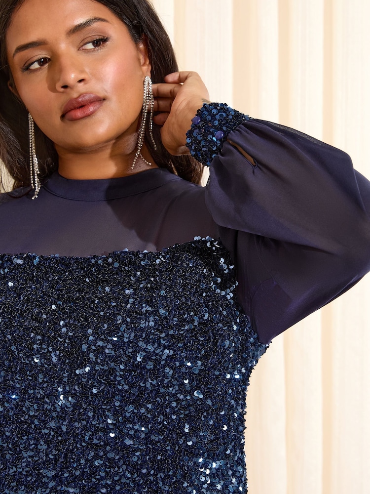 Friends Like These Navy Blue Curve Velvet Sequin Chiffon Sleeve Mini Dress - Image 4 of 4 Friends Like These Navy Blue Curve Velvet Sequin Chiffon Sleeve Mini Dress - Image 4 of 4
