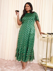 Friends Like These Green Curve Foil Spot Short Sleeve Chiffon Tiered Maxi Dress - Image 3 of 4