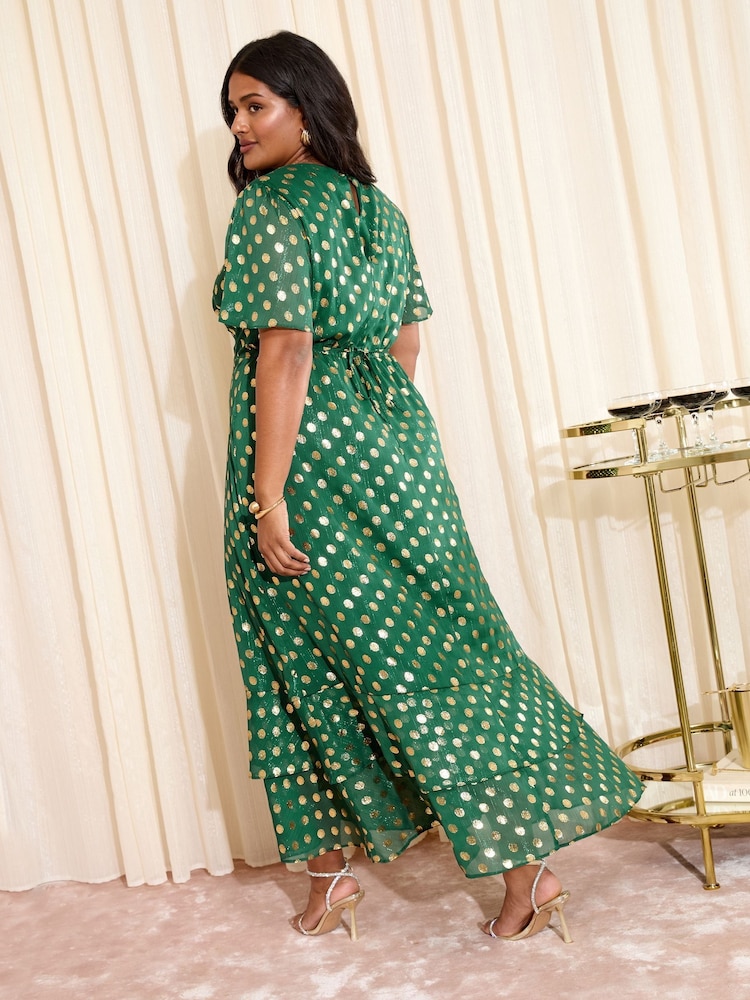 Friends Like These Green Curve Foil Spot Short Sleeve Chiffon Tiered Maxi Dress - Image 4 of 4 Friends Like These Green Curve Foil Spot Short Sleeve Chiffon Tiered Maxi Dress - Image 4 of 4