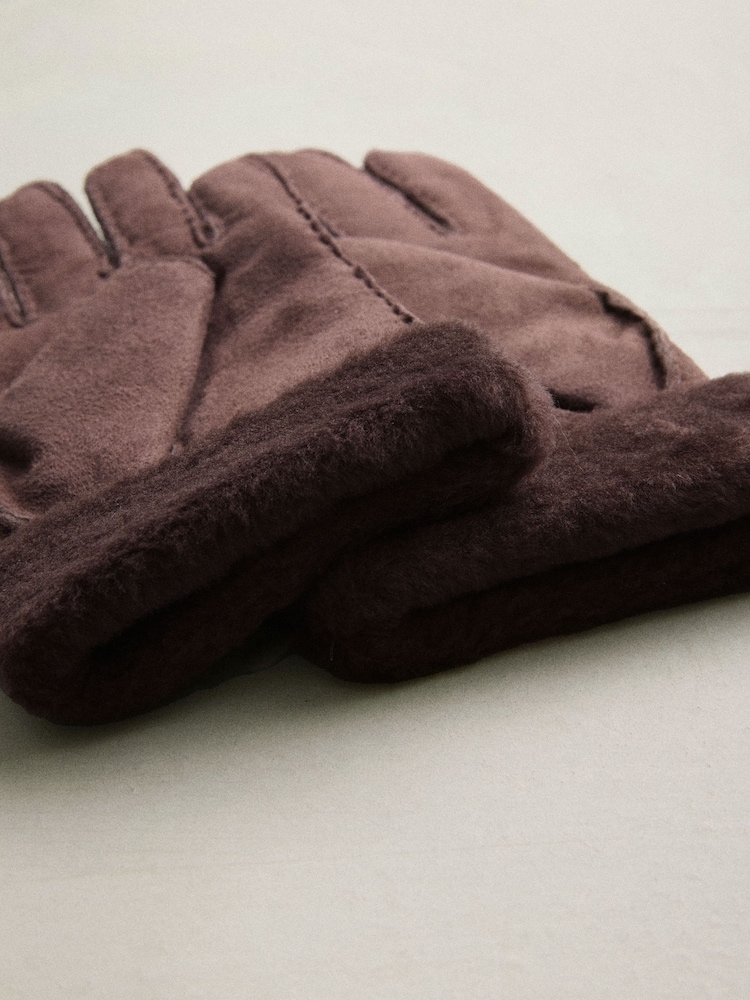 Chocolate Brown Leather Sheepskin Gloves - Image 5 of 5