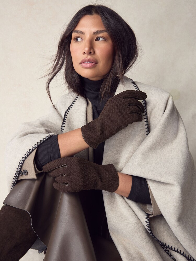 Chocolate Brown Woven Suede Gloves - Image 1 of 5