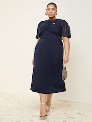 Friends Like These Navy Curve Scuba Midi Dress With Chiffon Overlay - Image 1 of 5