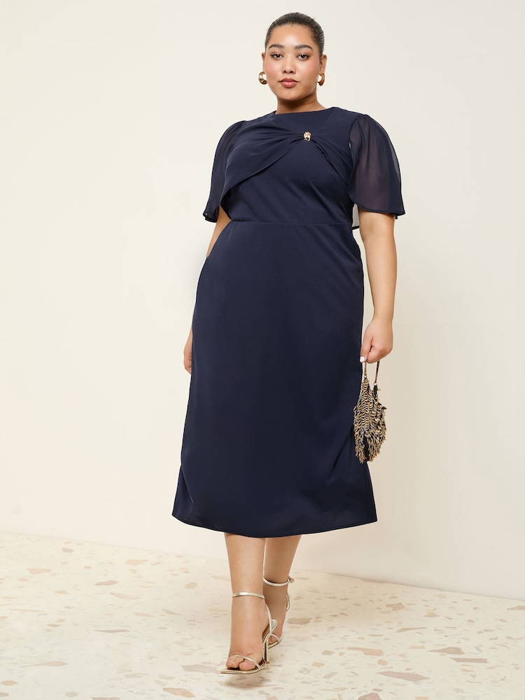 Friends Like These Navy Curve Scuba Midi Dress With Chiffon Overlay - Image 1 of 5