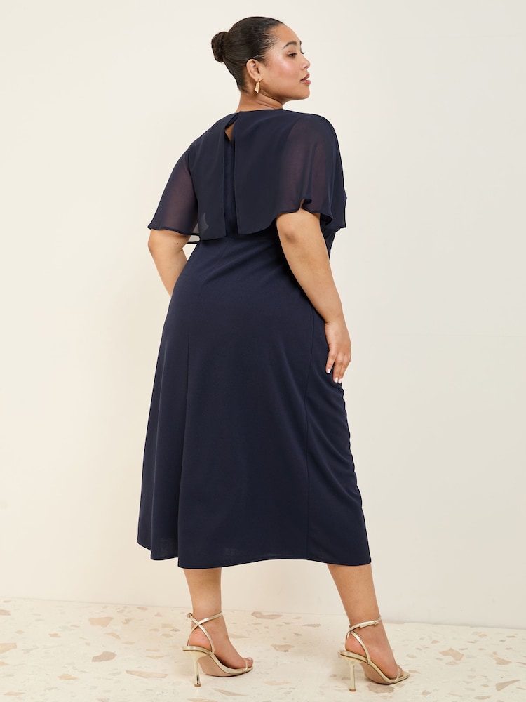 Friends Like These Navy Curve Scuba Midi Dress With Chiffon Overlay - Image 2 of 5