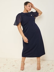 Friends Like These Navy Curve Scuba Midi Dress With Chiffon Overlay - Image 3 of 5