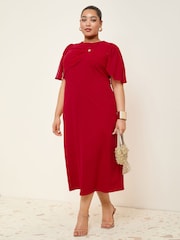 Friends Like These Red Curve Scuba Midi Dress With Chiffon Overlay - Image 1 of 5