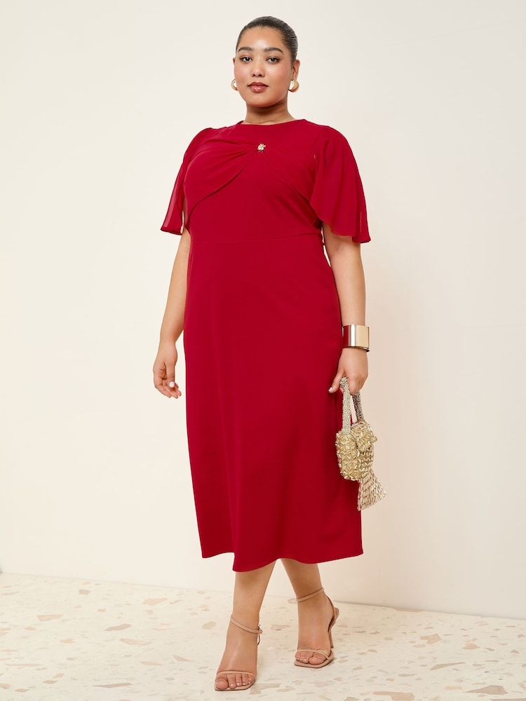 Friends Like These Red Curve Scuba Midi Dress With Chiffon Overlay - Image 1 of 5