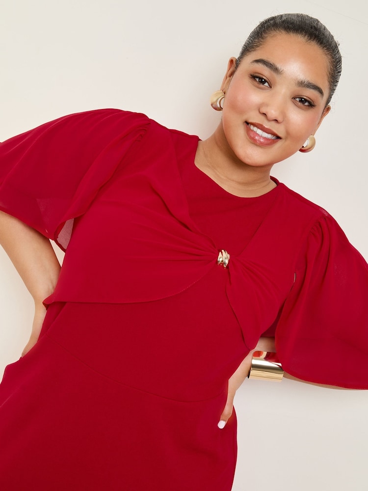 Friends Like These Red Curve Scuba Midi Dress With Chiffon Overlay - Image 2 of 5