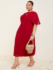 Friends Like These Red Curve Scuba Midi Dress With Chiffon Overlay - Image 5 of 5