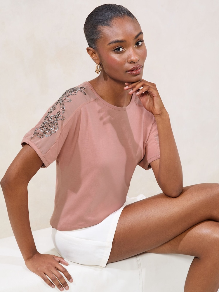 Lipsy Pink Embellished Sequin T-Shirt - Image 1 of 4 Lipsy Pink Embellished Sequin T-Shirt - Image 1 of 4
