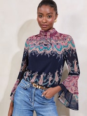 Lipsy Printed High Neck Flute Sleeve Blouse - Bild 1 von 5