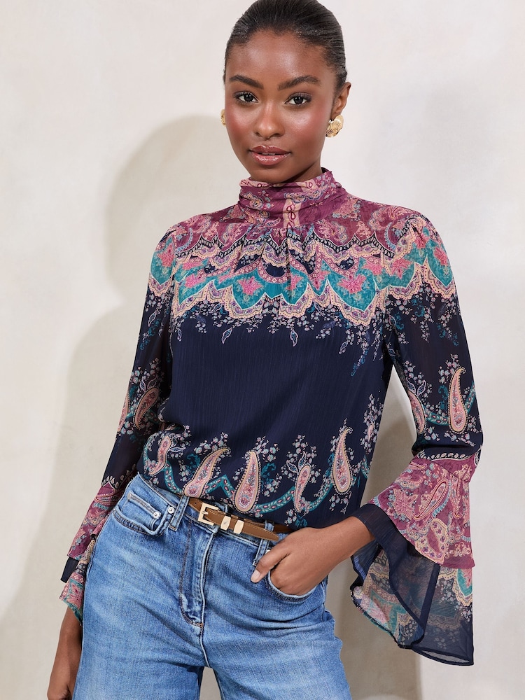 Lipsy Printed High Neck Flute Sleeve Blouse - Bild 1 von 5