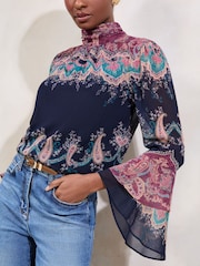 Lipsy Printed High Neck Flute Sleeve Blouse - Bild 2 von 5