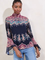 Lipsy Printed High Neck Flute Sleeve Blouse - Bild 4 von 5