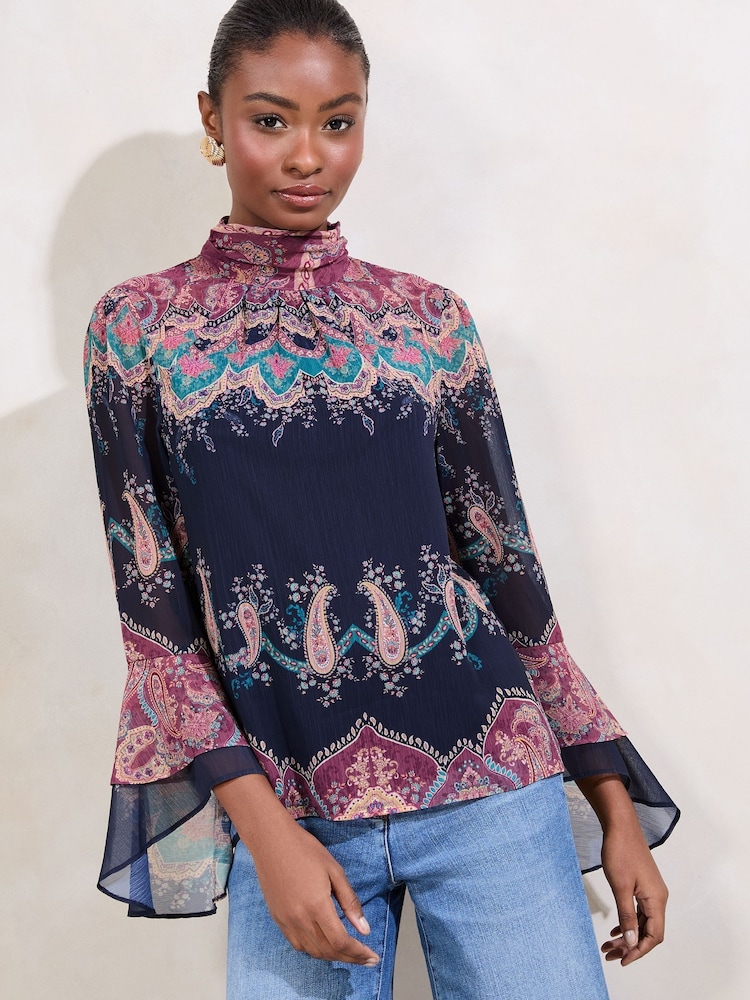 Lipsy Printed High Neck Flute Sleeve Blouse - Image 4 of 5