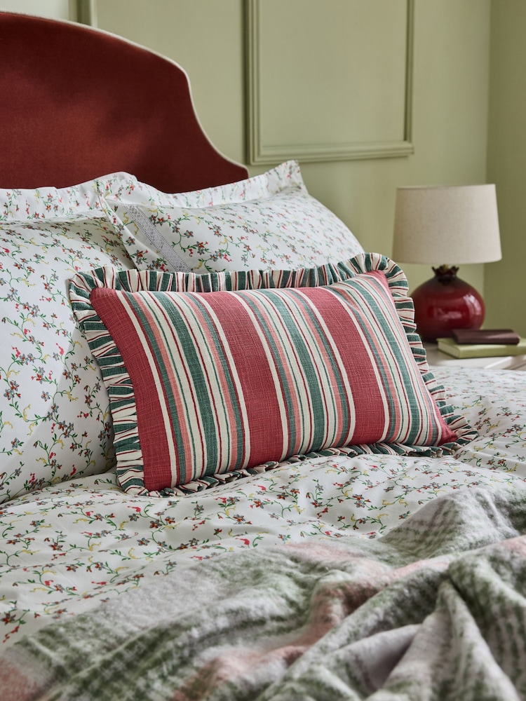 Nina Campbell Red Maypole Stripe Ruffle Edge Cushion - Image 1 of 6