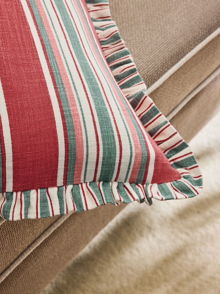 Nina Campbell Red Maypole Stripe Ruffle Edge Cushion - Image 6 of 6