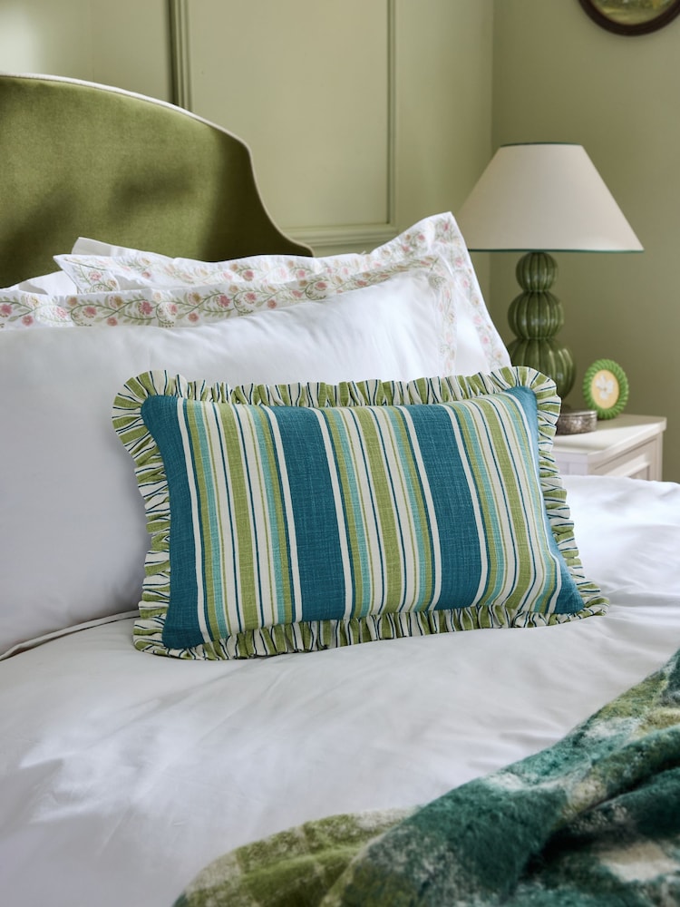Nina Campbell Blue Maypole Stripe Ruffle Edge Cushion - Image 1 of 8 Nina Campbell Blue Maypole Stripe Ruffle Edge Cushion - Image 1 of 8