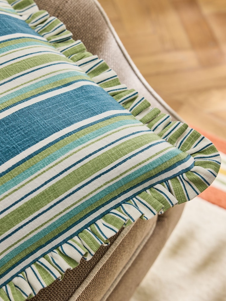 Nina Campbell Blue Maypole Stripe Ruffle Edge Cushion - Image 6 of 6
