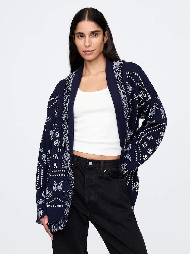 Gap Navy Blue Oversized Fringe Shawl Cardigan - Image 1 of 5