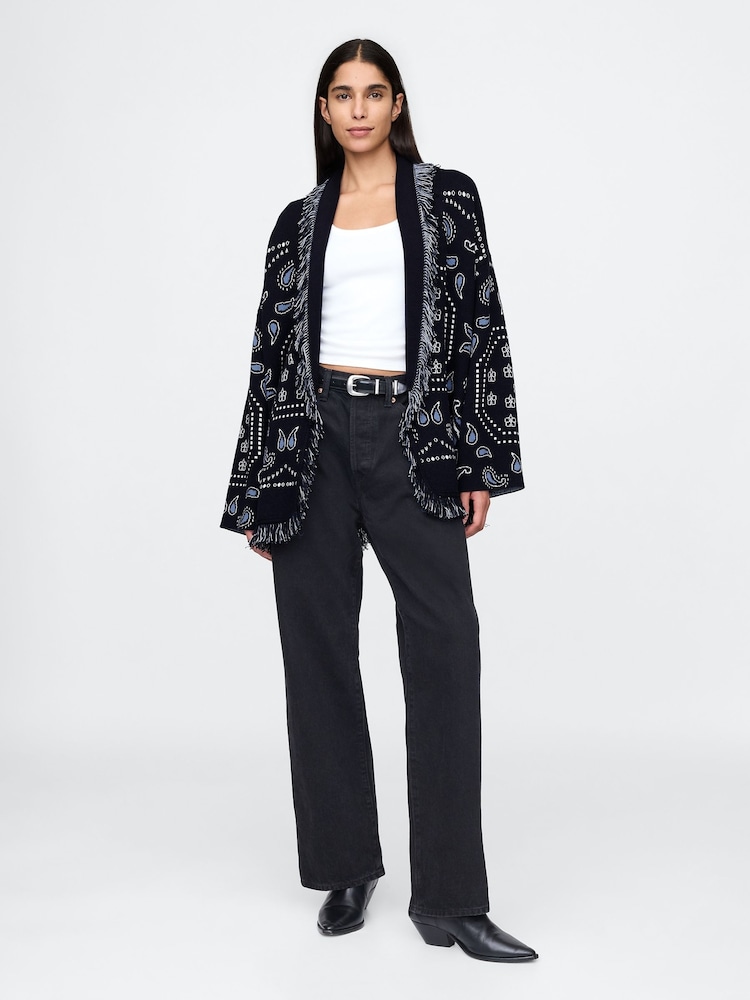 Gap Navy Blue Oversized Fringe Shawl Cardigan - Image 3 of 5