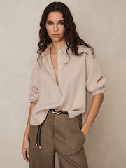 Reiss Neutral Nina Linen Overhead Open-Collar Shirt - Image 1 of 7