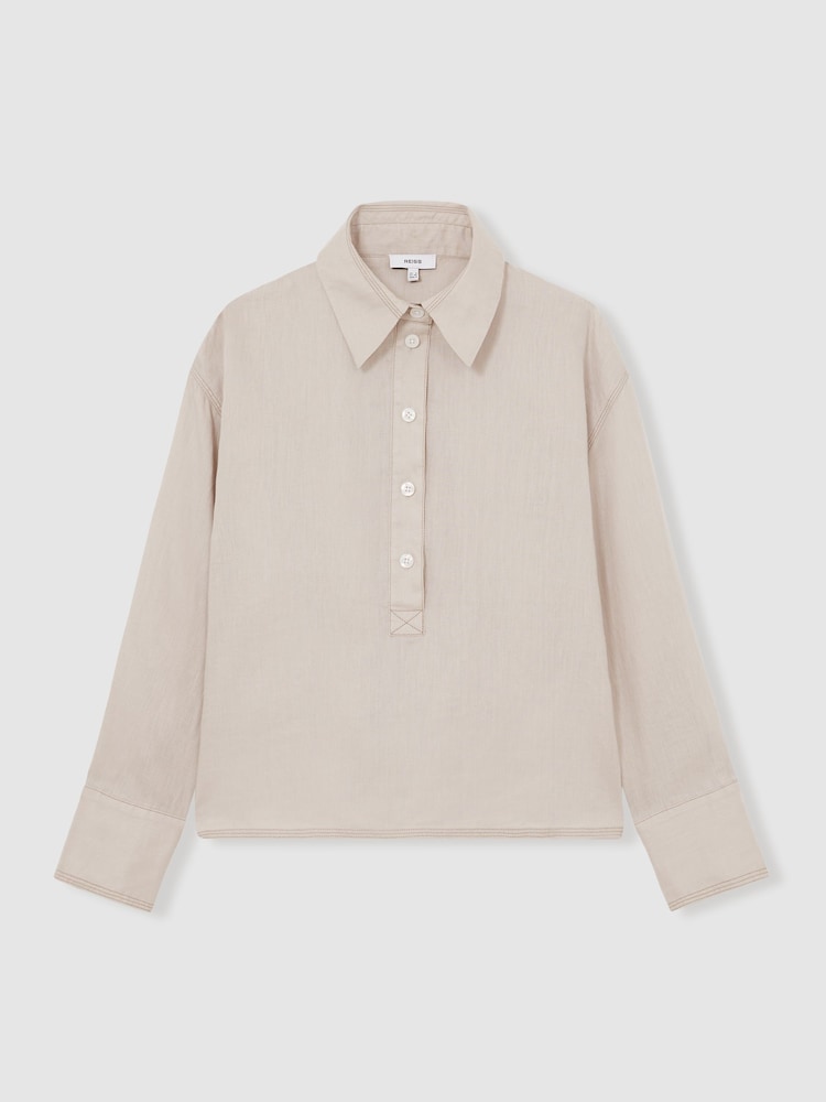 Reiss Neutral Nina Linen Overhead Open-Collar Shirt - Image 2 of 7