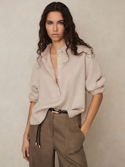 Reiss Neutral Nina Linen Overhead Open-Collar Shirt - Image 5 of 7
