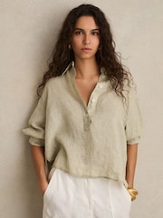 Reiss Sage Nina Linen Overhead Open-Collar Shirt - Image 1 of 6