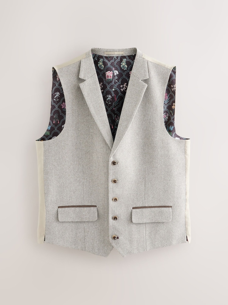 Neutral Slim Fit Trimmed Textured Wool Blend Suit Waistcoat - Image 1 of 3 Neutral Slim Fit Trimmed Textured Wool Blend Suit Waistcoat - Image 1 of 3