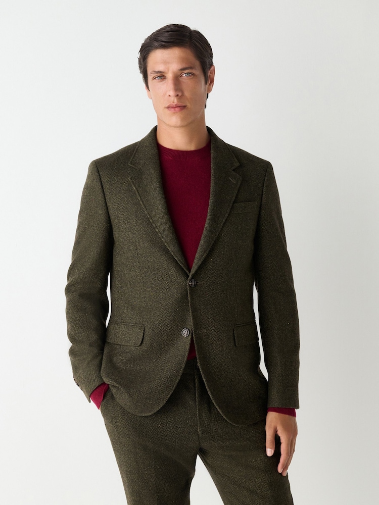 Green Slim Fit Herringbone Wool Blend Suit Jacket - Image 1 of 9