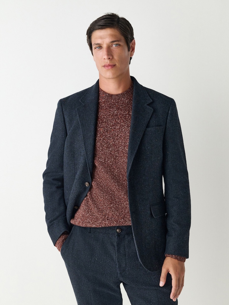 Navy Blue Slim Fit Herringbone Wool Blend Suit Jacket - Image 1 of 10