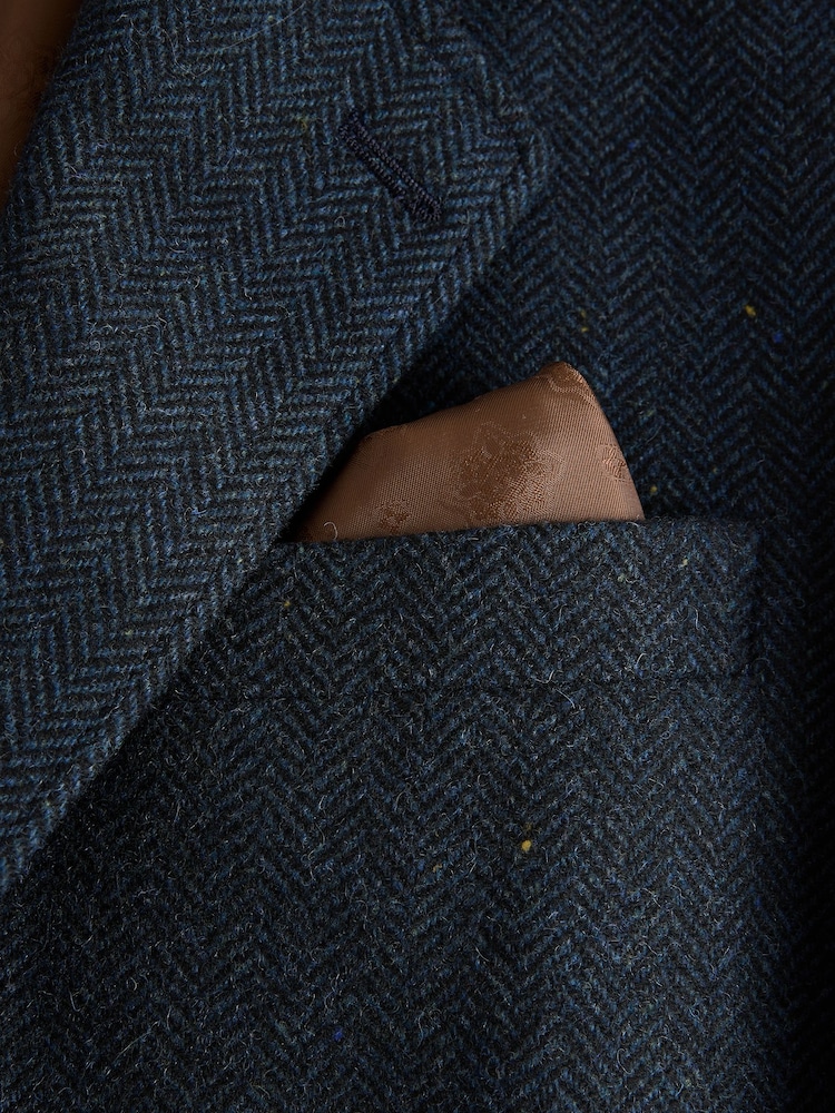 Navy Blue Slim Fit Herringbone Wool Blend Suit Jacket - Image 10 of 10
