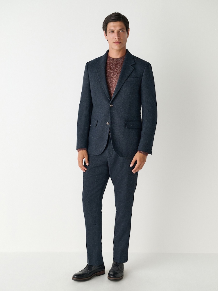 Navy Blue Slim Fit Herringbone Wool Blend Suit Jacket - Image 2 of 10