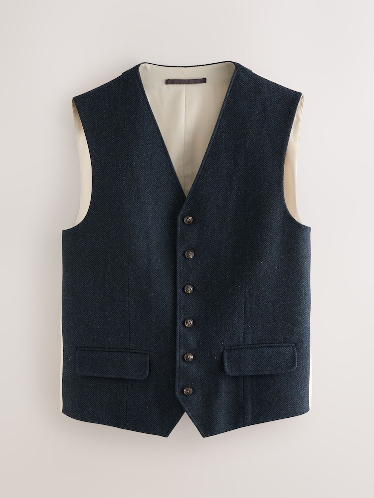 Navy Blue Herringbone Wool Blend Suit Waistcoast - Image 1 of 4 Navy Blue Herringbone Wool Blend Suit Waistcoast - Image 1 of 4