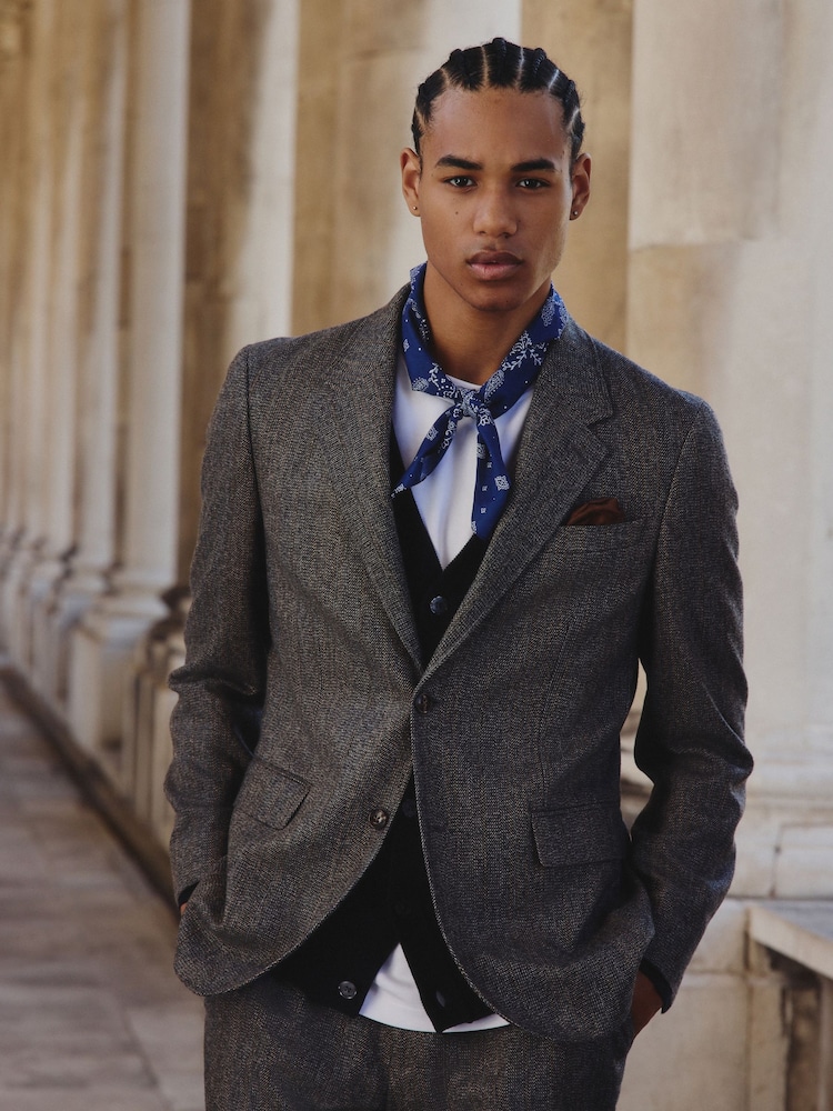 Grey Slim Fit Herringbone Stripe Suit Jacket - Image 1 of 12 Grey Slim Fit Herringbone Stripe Suit Jacket - Image 1 of 12
