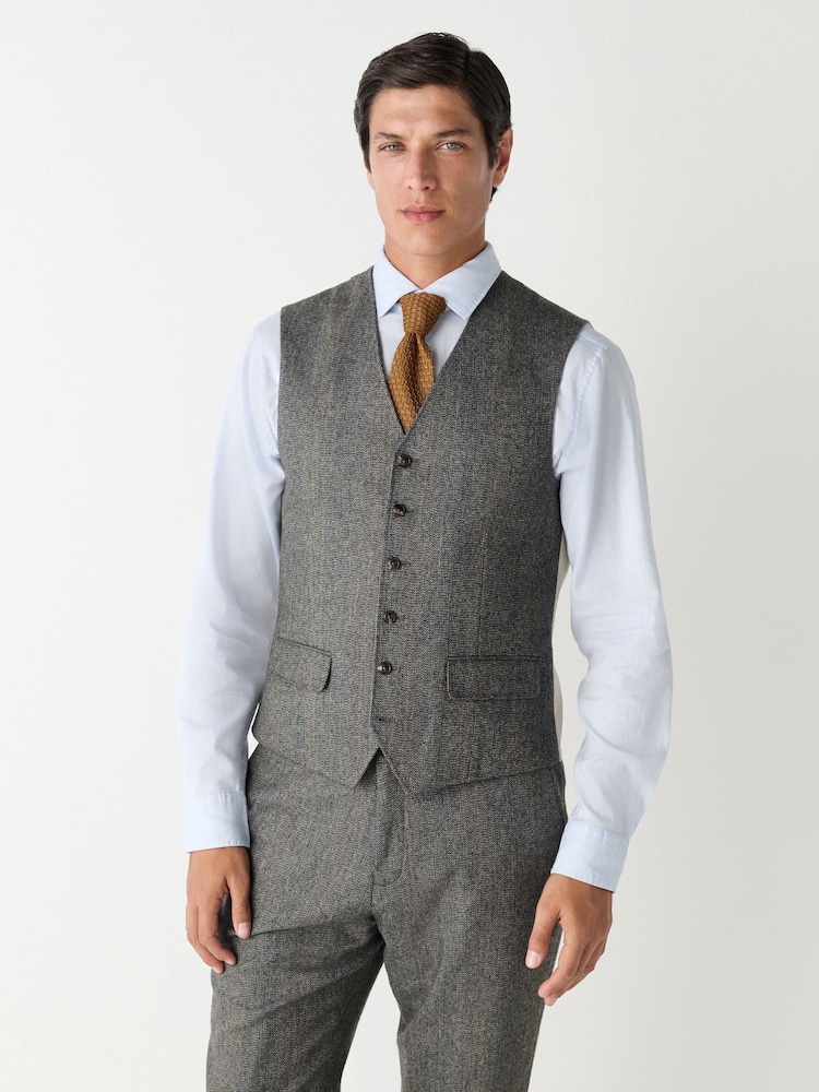 Grey Slim Fit Wool Blend Herringbone Stripe Suit Waistcoat - Image 1 of 8 Grey Slim Fit Wool Blend Herringbone Stripe Suit Waistcoat - Image 1 of 8