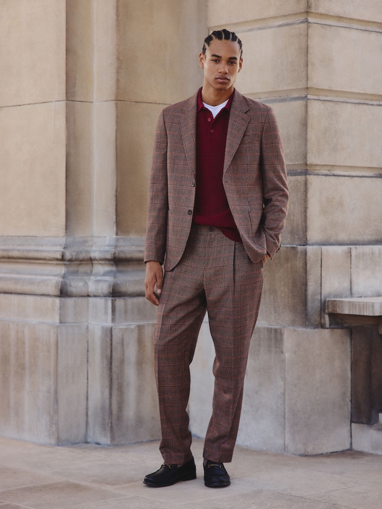 Tan/Red Slim Fit Wool Blend Check Suit Jacket - Image 2 of 13 Tan/Red Slim Fit Wool Blend Check Suit Jacket - Image 2 of 13
