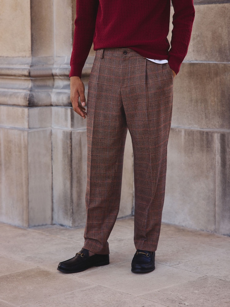 Tan/Red Slim Fit Wool Blend Check Suit Trousers - Image 1 of 10 Tan/Red Slim Fit Wool Blend Check Suit Trousers - Image 1 of 10