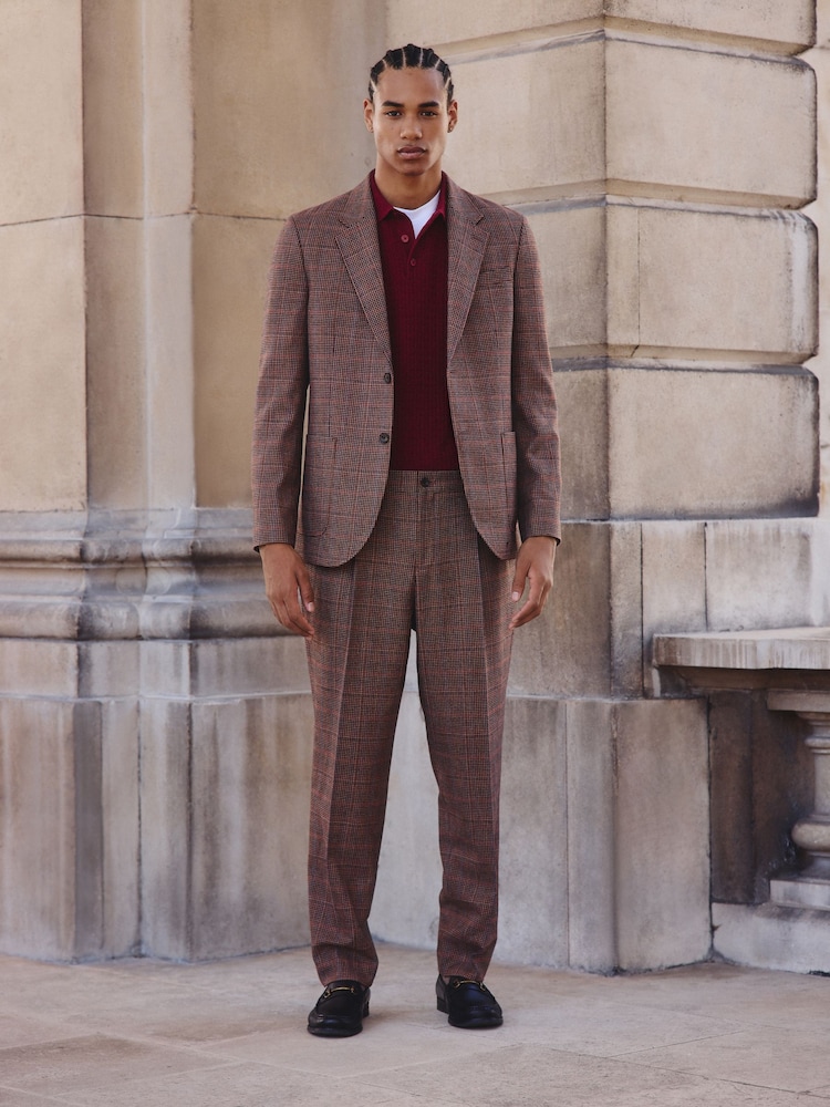 Tan/Red Slim Fit Wool Blend Check Suit Trousers - Image 2 of 10 Tan/Red Slim Fit Wool Blend Check Suit Trousers - Image 2 of 10