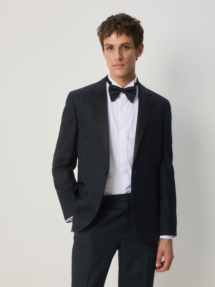 Navy Blue Slim Fit Jaquard Pattern Tuxedo Suit Jacket - Image 1 of 4