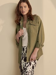 Khaki Green Oversize Denim 100% Cotton Shirt - Image 1 of 7