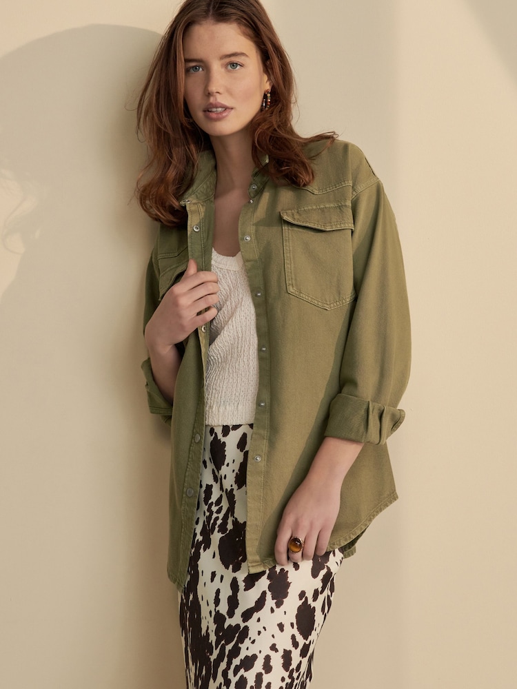 Khaki Green Oversize Denim 100% Cotton Shirt - Image 1 of 7