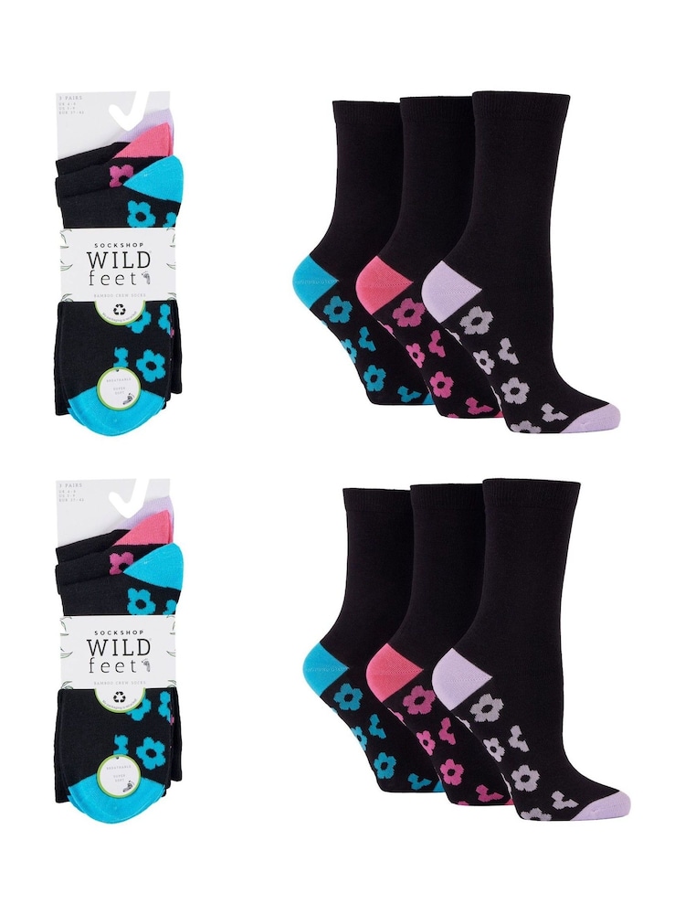 Wild Feet Black Bamboo Viscose Flower Print Sole Crew Socks - Image 3 of 5